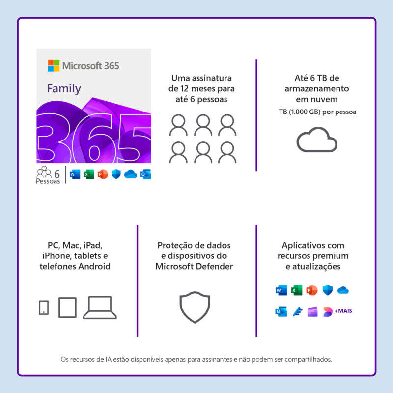 Microsoft Office 365 Family - Assinatura de 12 Meses para até 6 Usuários