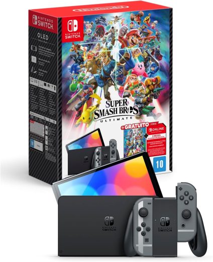 Console Nintendo Switch Oled Cinza + Jogo Super Smash Bros Ultimate Digital